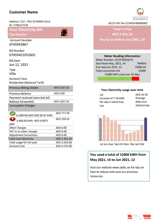 United Arab Emirates Abu Dhabi Distribution electricity utility bill template in Word and PDF format
